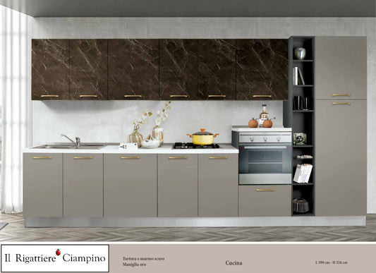 Arredo cucina con elettrodomestici di colore tortora e marmo scuro