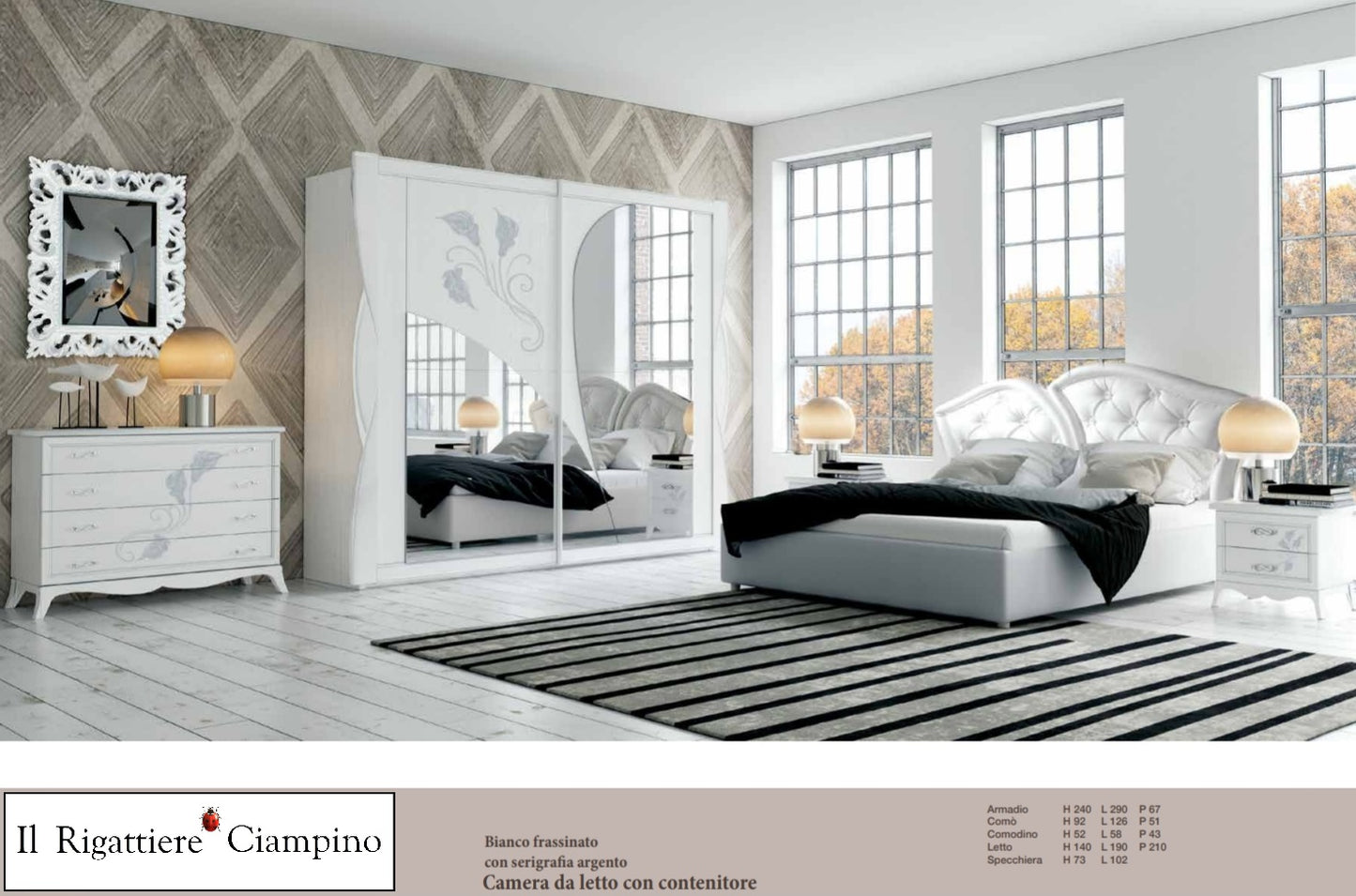 Camera da letto con contenitore bianco frassinato con serigrafia argento e specchio