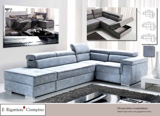 Divano letto angolare in nabuk grigio chiaro