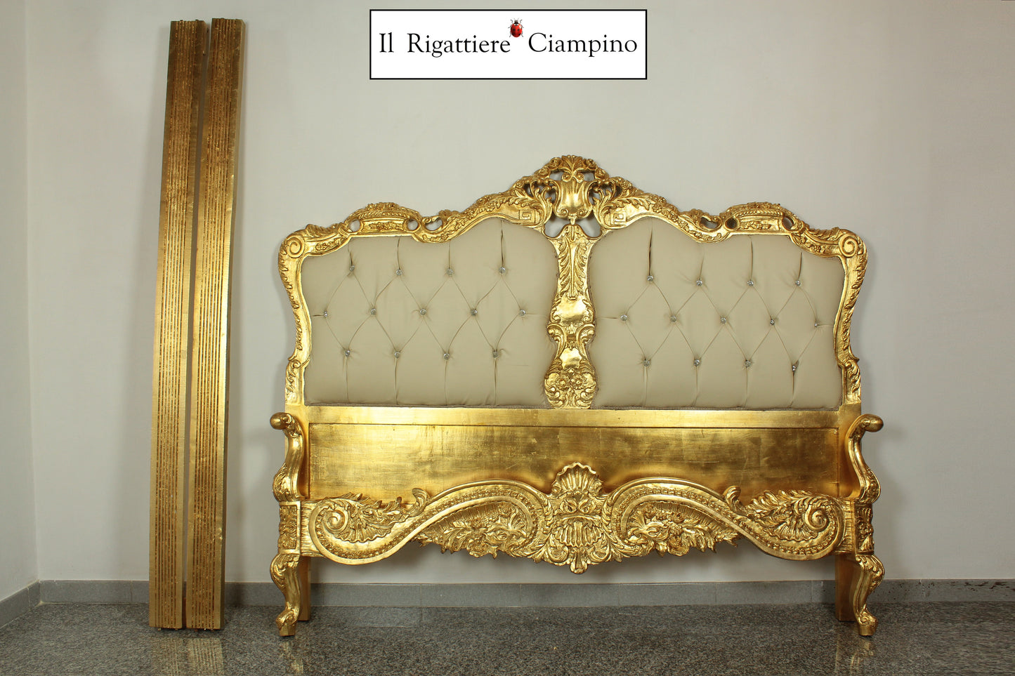 Letto Matrimoniale Narciso, foglia oro ed ecopelle avorio