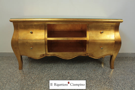 Mobile Porta-Tv con cassetti oro e piano in vetro