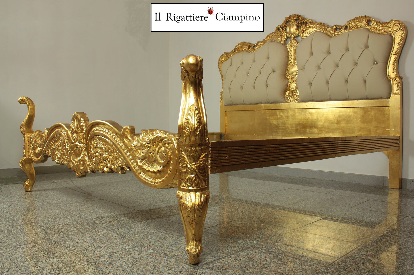Letto Matrimoniale Narciso, foglia oro ed ecopelle avorio