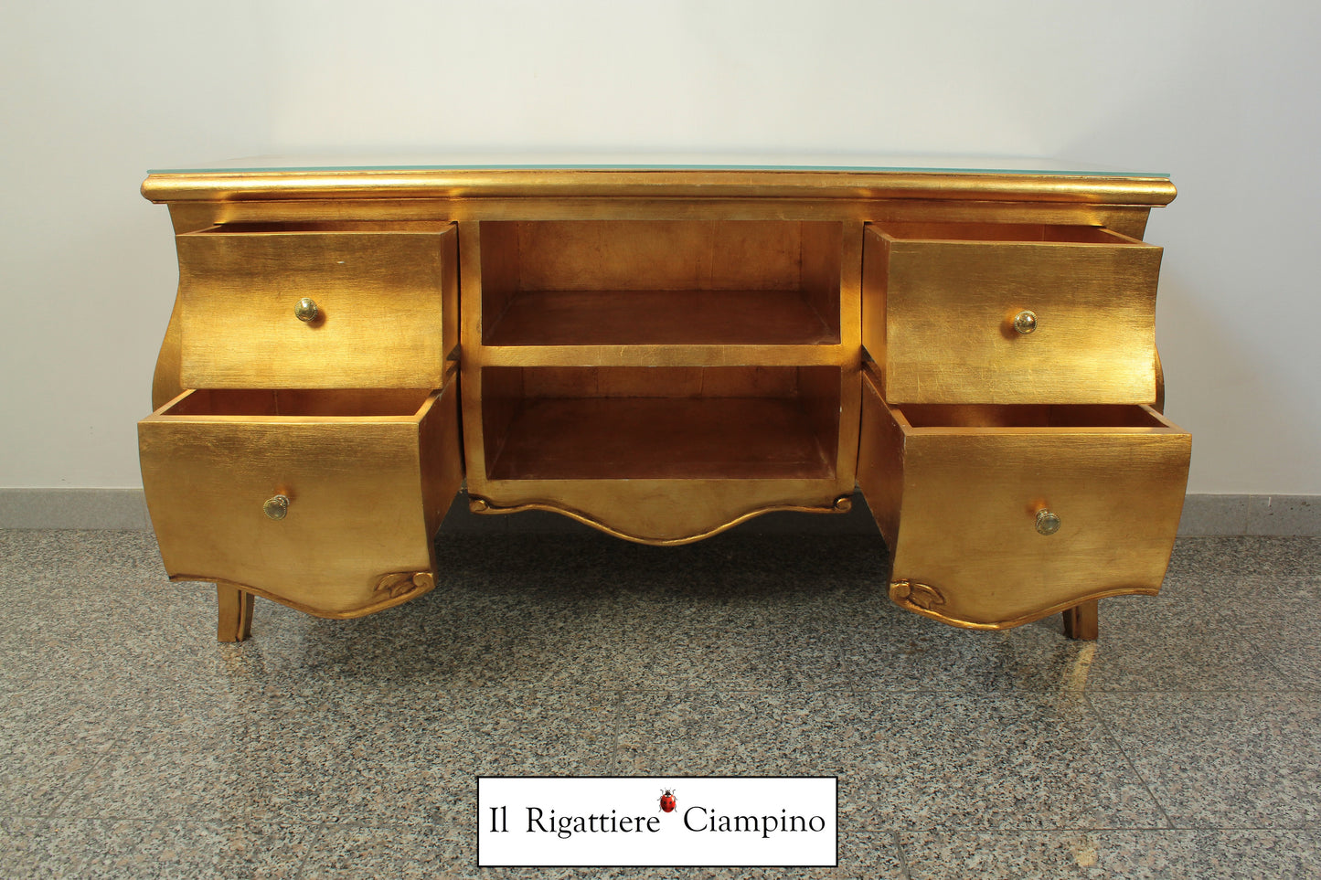 Mobile Porta-Tv con cassetti oro e piano in vetro