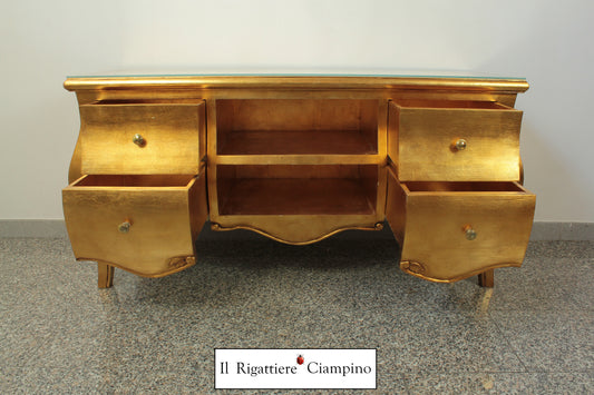 Mobile Porta-Tv con cassetti oro e piano in vetro