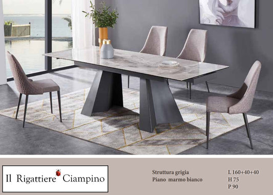 Tavolo grigio con piano in marmo bianco allungabile