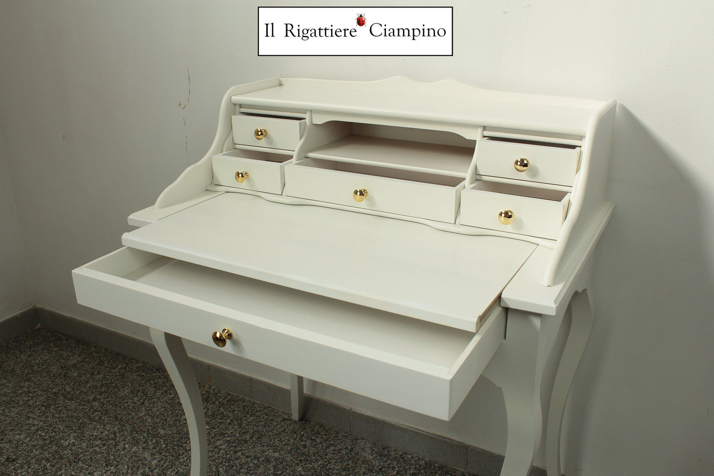 Scrittoio scrivania con cassetti e piano allungabile bianca
