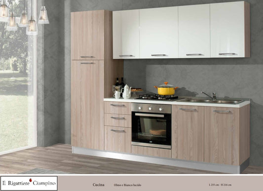 Arredo cucina con elettrodomestici effetto legno e bianco lucido
