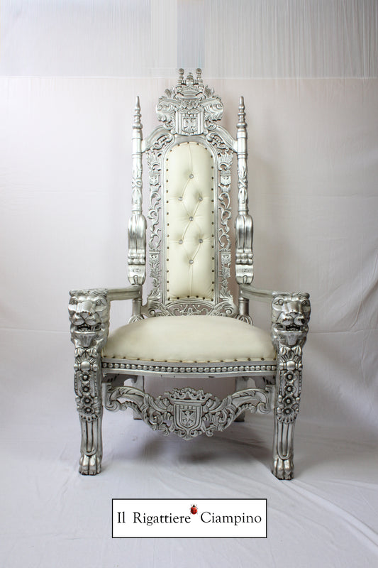 Trono Leone in stile barocco, foglia argento ed ecopelle bianca