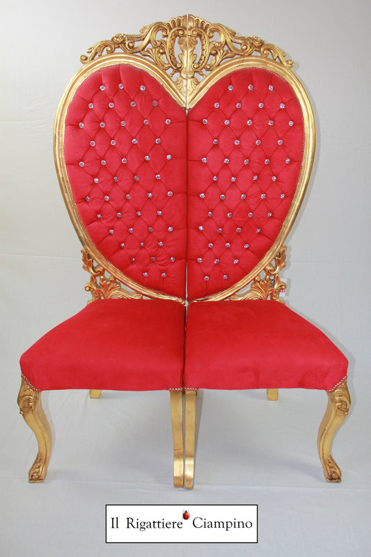 Trono di coppia Cuore, velluto rosso e foglia oro