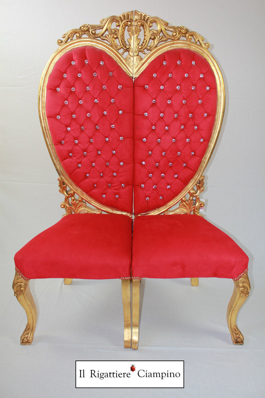 Trono di coppia Cuore, velluto rosso e foglia oro
