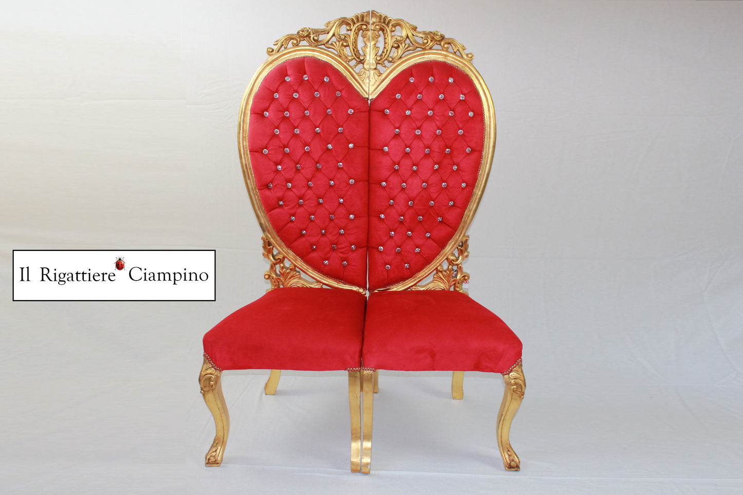 Trono di coppia Cuore, velluto rosso e foglia oro