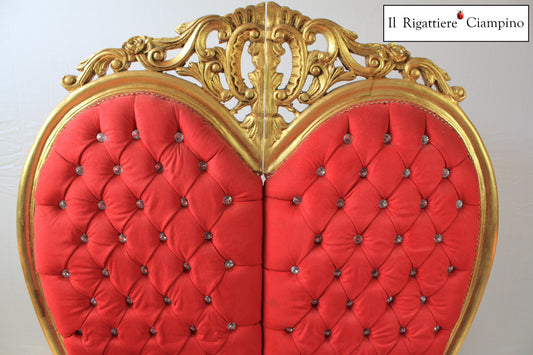 Trono di coppia Cuore, velluto rosso e foglia oro