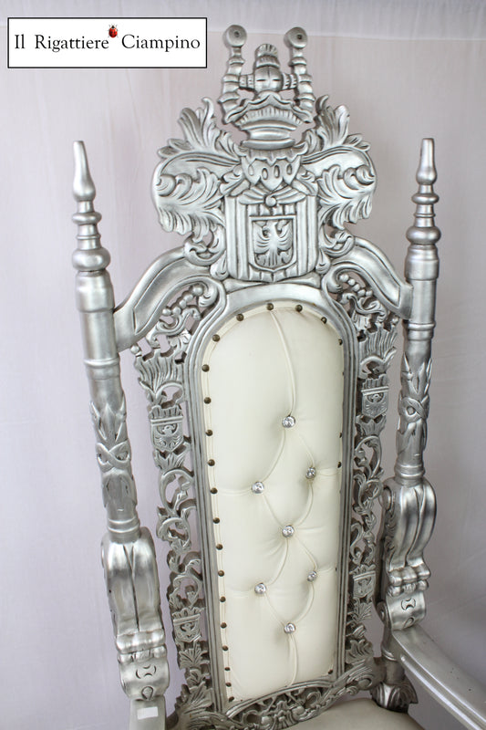 Trono Leone in stile barocco, foglia argento ed ecopelle bianca
