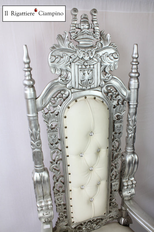 Trono Leone in stile barocco, foglia argento ed ecopelle bianca