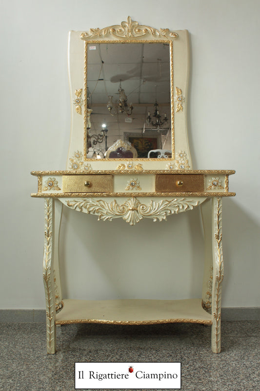 Consolle specchiera barocca avorio e oro con Swarovski