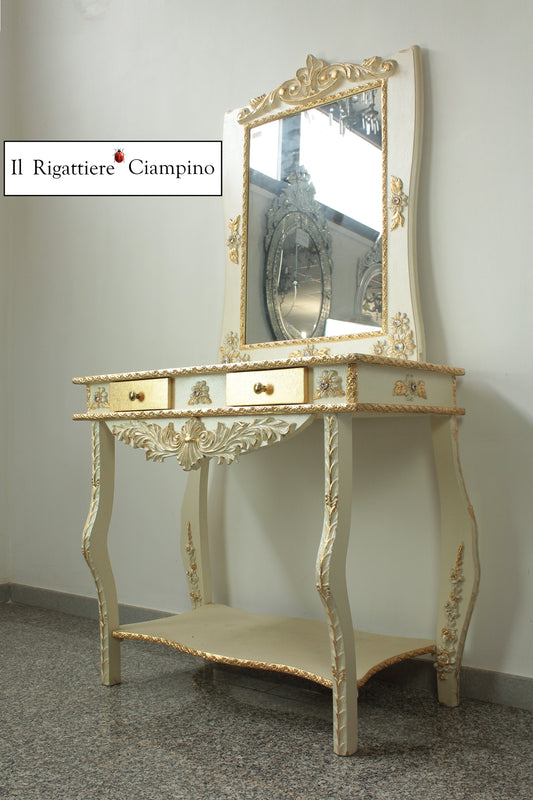Consolle specchiera barocca avorio e oro con Swarovski
