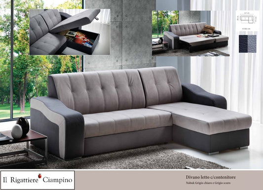 Divano letto con contenitore nabuk grigio chiaro e grigio scuro