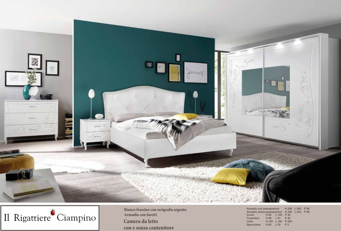 Camera da letto bianco ghiaccio e serigrafia argento, armadio con faretti, con o senza contenitore