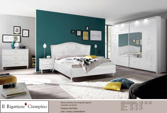 Camera da letto bianco ghiaccio e serigrafia argento, armadio con faretti, con o senza contenitore