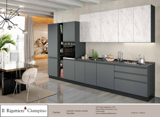 Arredo cucina con elettrodomestici grigio antracite e marmo