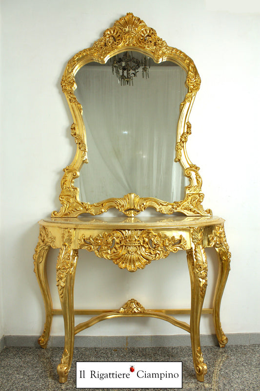 Consolle barocca in foglia oro con piano incastonato in marmo