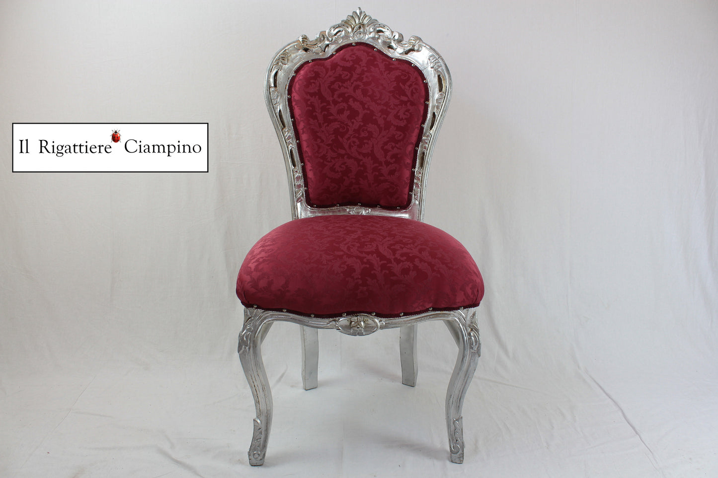 Sedia Giorgia in stile barocco, foglia argento e damasco bordeaux