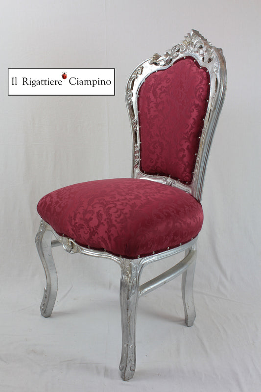 Sedia Giorgia in stile barocco, foglia argento e damasco bordeaux
