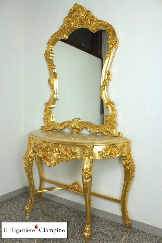 Consolle barocca in foglia oro con piano incastonato in marmo