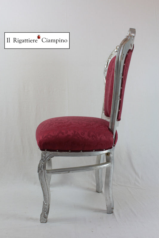 Sedia Giorgia in stile barocco, foglia argento e damasco bordeaux