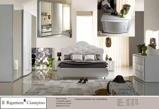 Camera da letto bianco lucido e serigrafia argento con contenitore