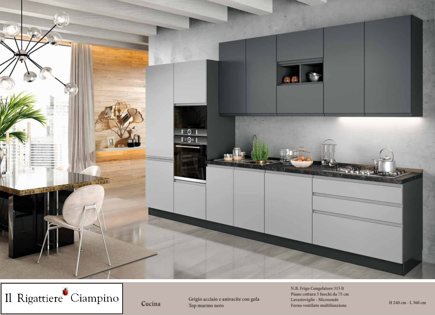 Arredo cucina con elettrodomestici di colore grigio acciaio e antracite, con gola