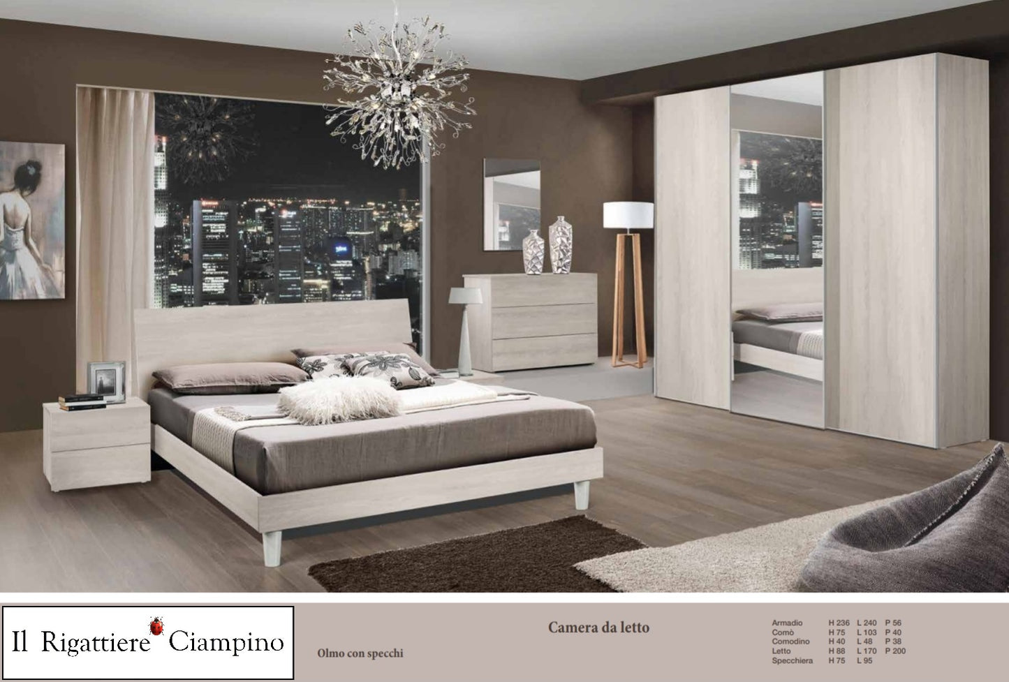 Camera da letto Economy marrone olmo con specchi senza contenitore