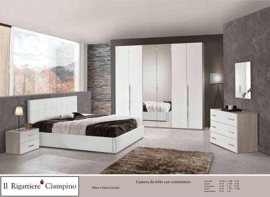 Camera da letto Economy con contenitore marrone olmo e bianco lucido