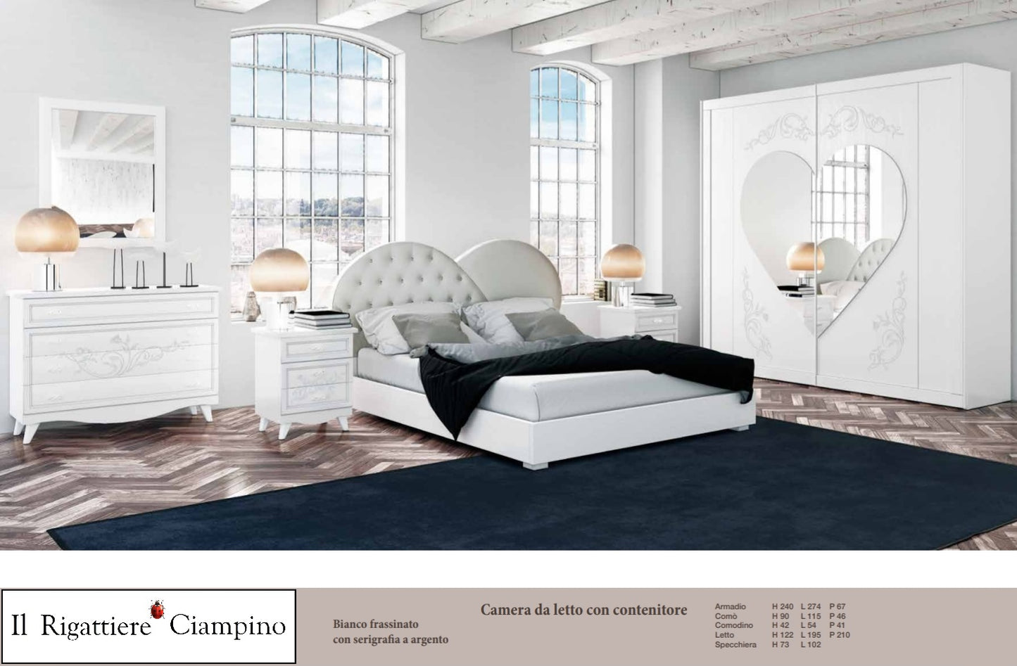 Camera da letto completa con contenitore bianca o avorio con serigrafia