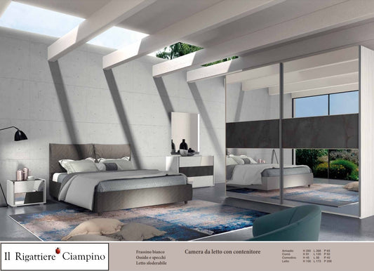 Camera da letto bianco frassinato e grigio ossido con contenitore, armadio specchiato