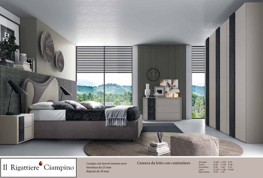 Camera da letto di colore canapa e nero marmo con contenitore
