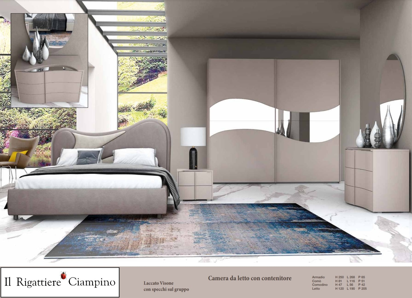 Camera da letto grigio visone laccato con specchi sul gruppo