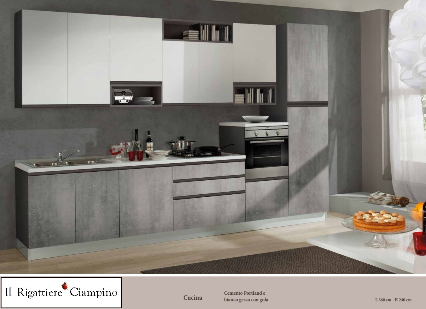 Arredo cucina con elettrodomestici di colore grigio cemento e bianco