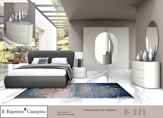 Camera da letto grigio laccato con vetro satinato sul gruppo e contenitore