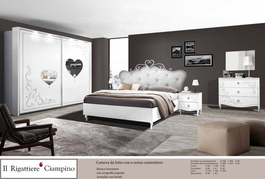 Camera da letto con o senza contenitore bianco frassinato con serigrafia argento