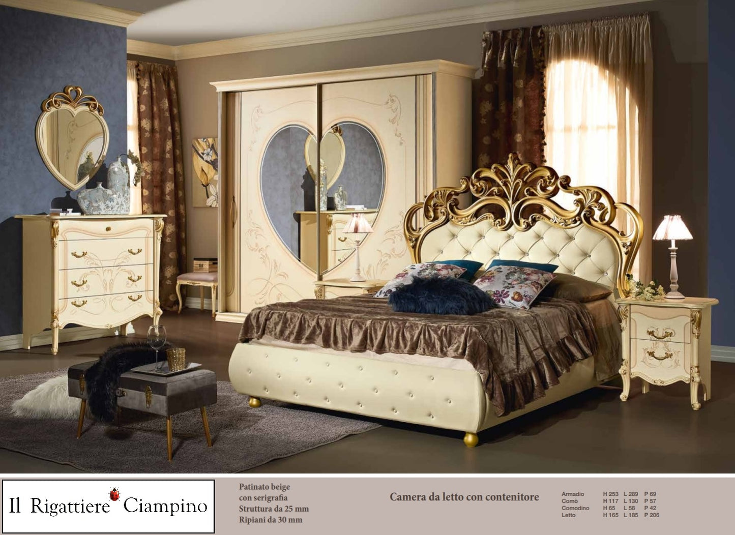 Camera da letto in stile barocco beige patinato con serigrafia e contenitore