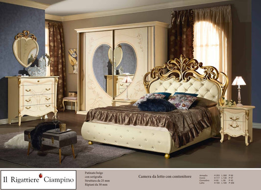 Camera da letto in stile barocco beige patinato con serigrafia e contenitore