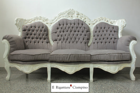 Divano barocco tre posti laccato bianco e grigio