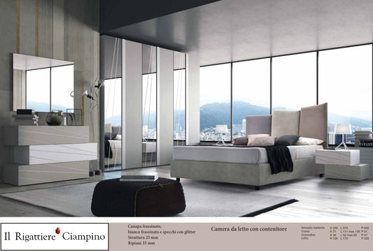 Camera da letto con contenitore canapa e bianco frassinato con specchi glitter