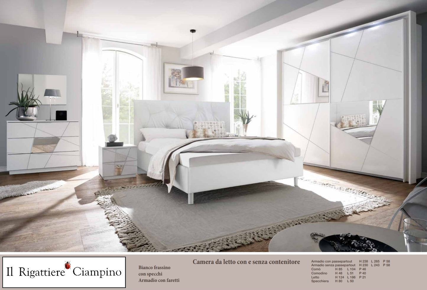 Camera da letto con o senza contenitore di colore bianco frassino, armadio con faretti