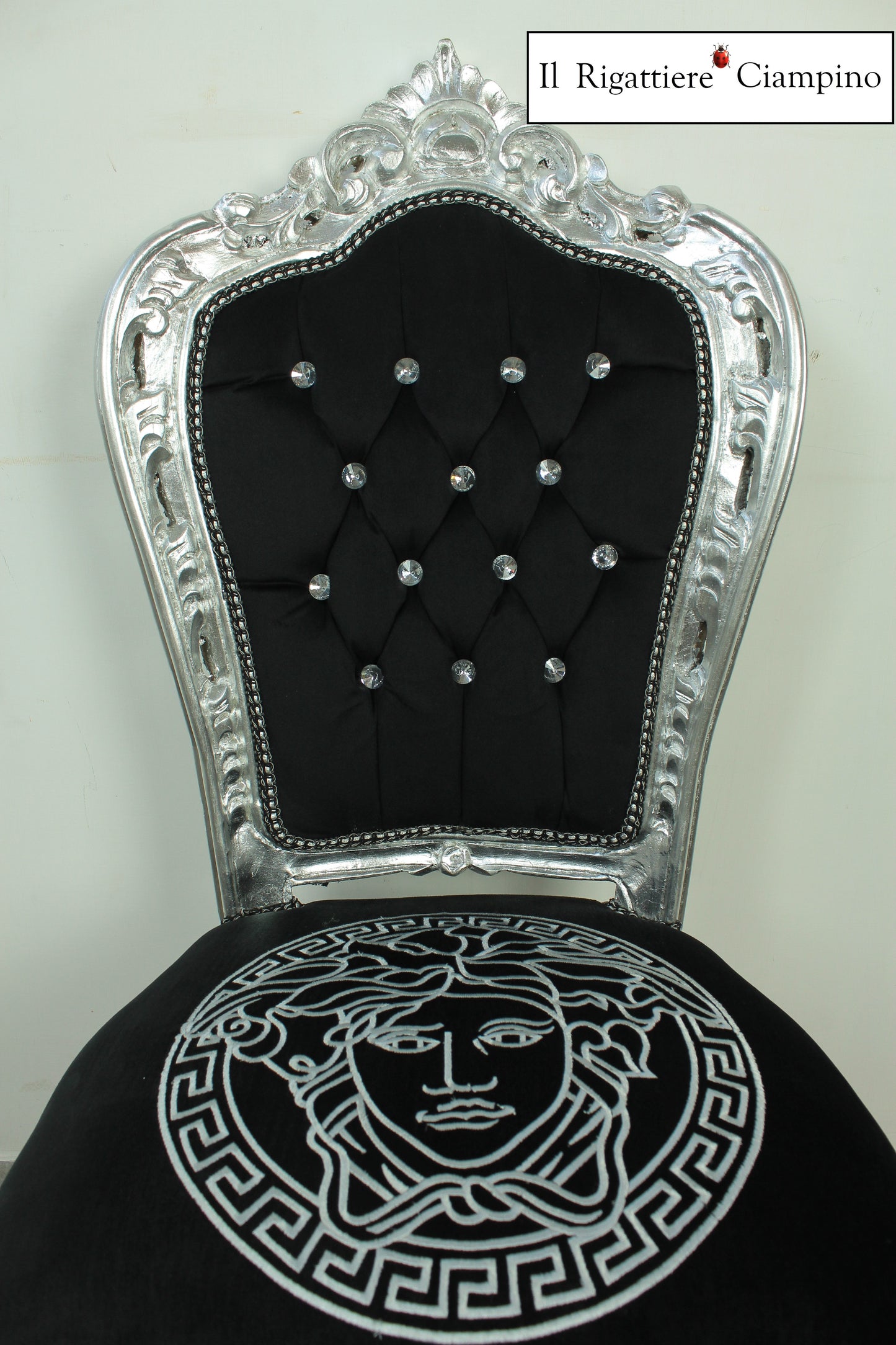 Sedia barocca stile Versace argento in velluto nero