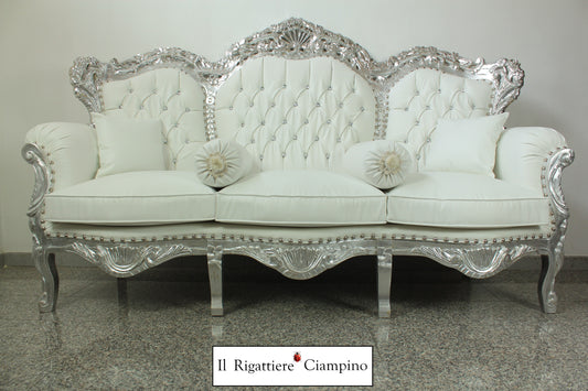 Divano barocco tre posti bianco e argento